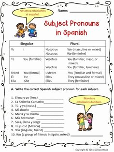 Spanish Subject Pronouns Worksheet Lovely Spanish Subject Pronouns Worksheets and Posters