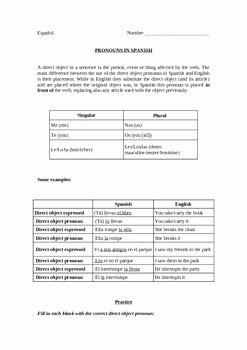 Spanish Subject Pronouns Worksheet Luxury Spanish Direct Object Pronouns by World Language Classroom
