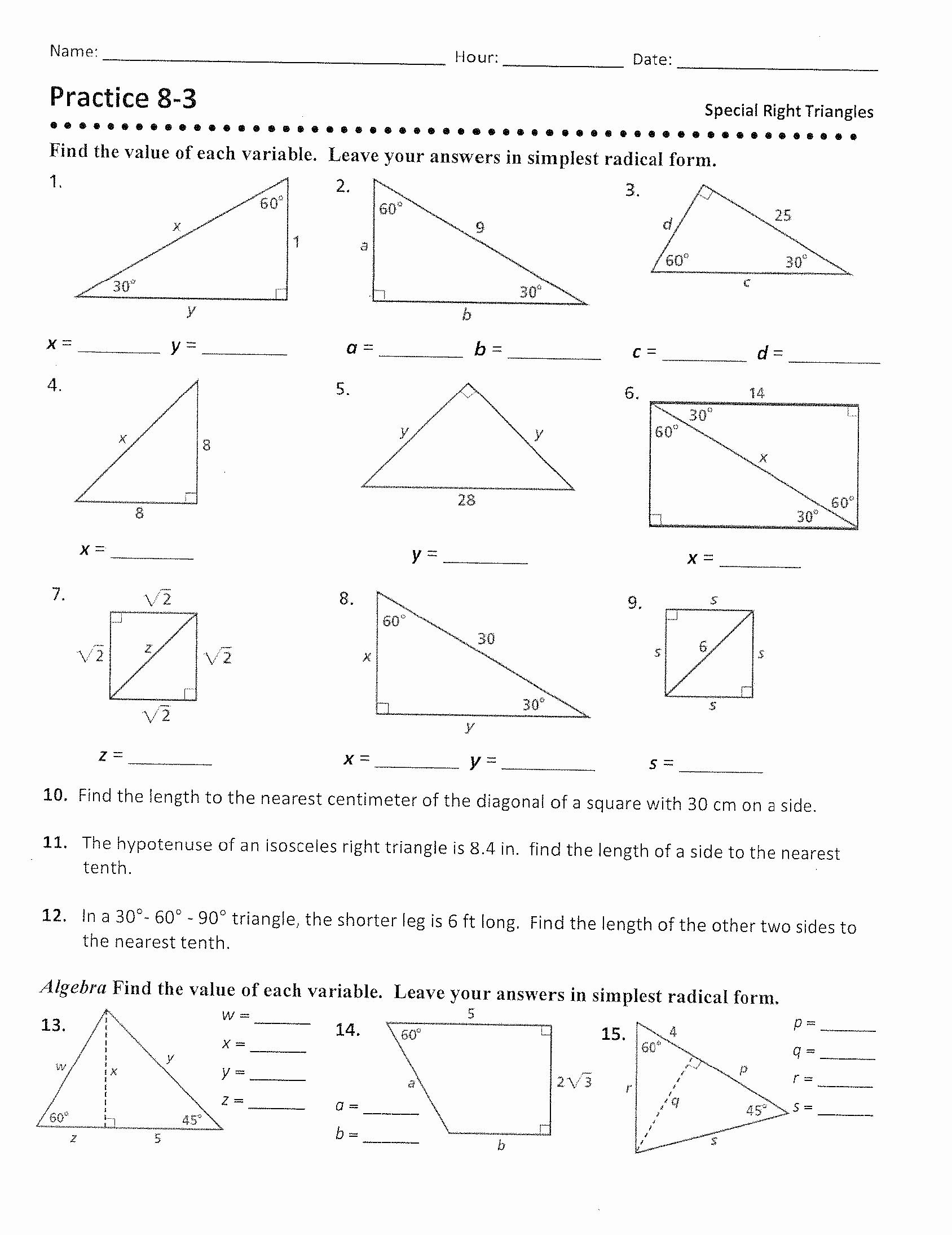 Special Right Triangles Practice Worksheet Lovely Geometry &quot;b&quot; Mr Revett S Web Page