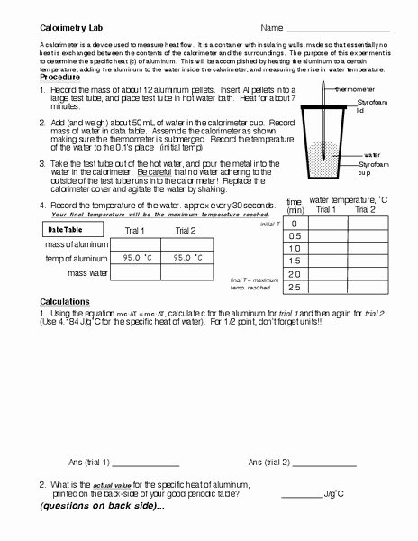 Specific Heat Worksheet Answer Key Fresh Calorimetry Lab Worksheet for 9th 10th Grade