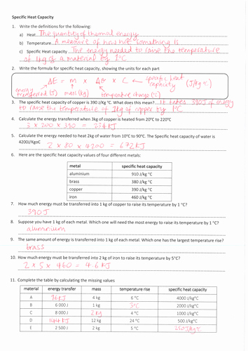 Specific Heat Worksheet Answer Key New Specific Heat Capacity Powerpoint and Worksheet Aqa Gcse