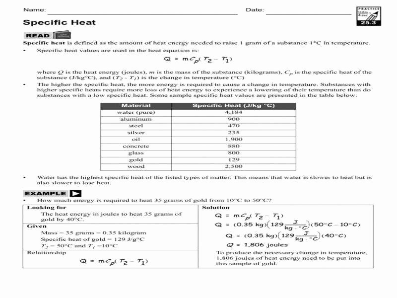 Specific Heat Worksheet Answer Key Unique Specific Heat Worksheet Answers