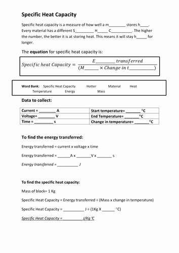 Specific Heat Worksheet Answers Best Of Specific Heat Capacity Worksheet by Ncday