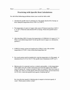 Specific Heat Worksheet Answers Inspirational Calculating Specific Heat Worksheet