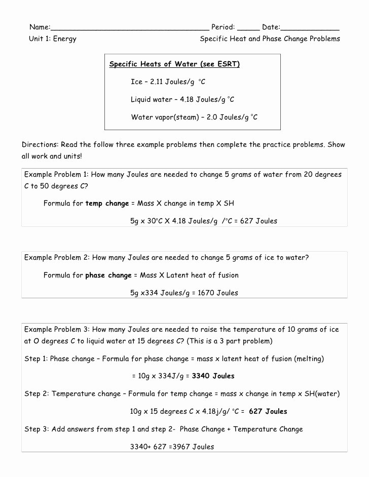 Specific Heat Worksheet Answers New Specific Heat and Phase Change Ditto
