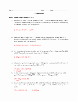 Specific Heat Worksheet Answers Unique Worksheet Heat and Heat Calculations