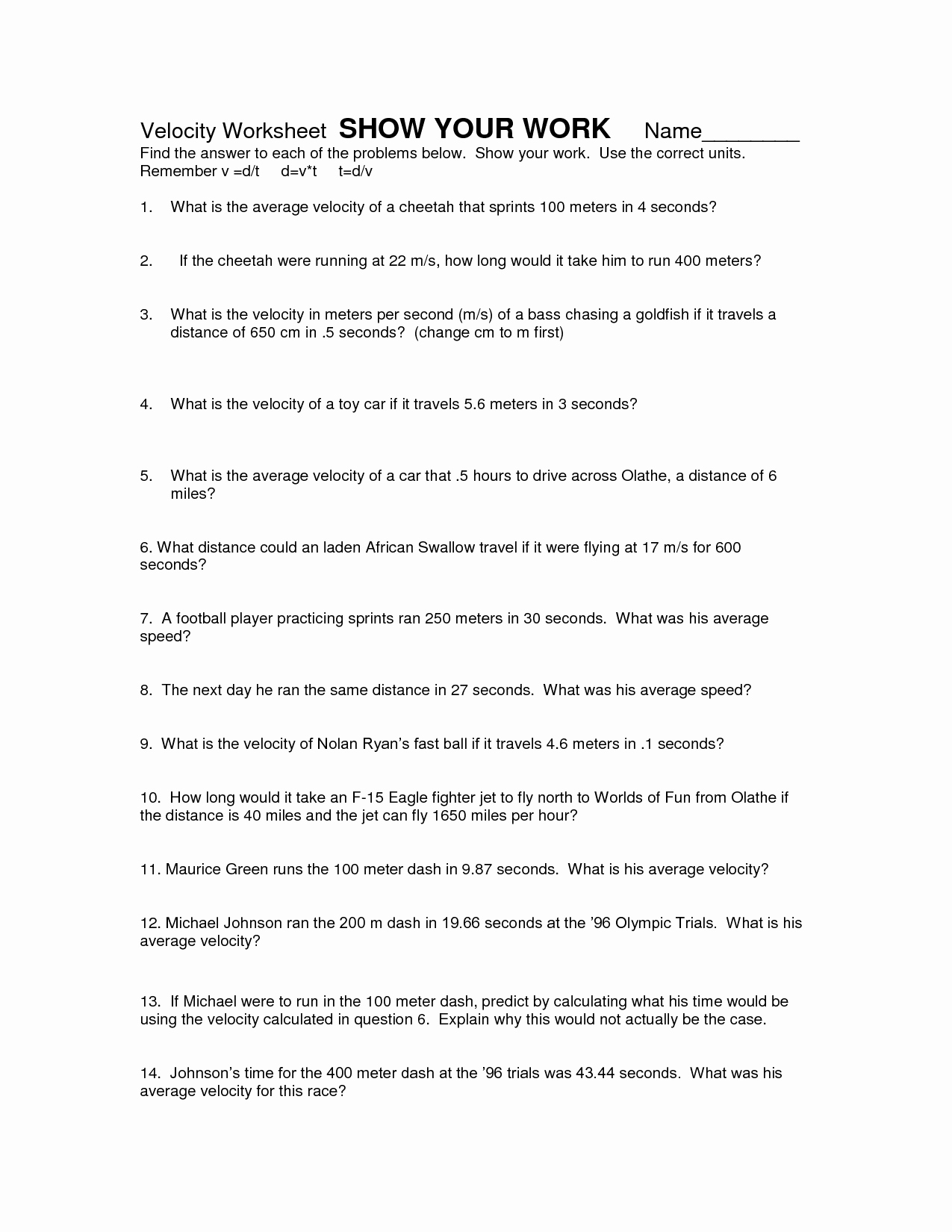 Speed and Velocity Worksheet Answers Beautiful 17 Best Of Speed formula Worksheet Speed and