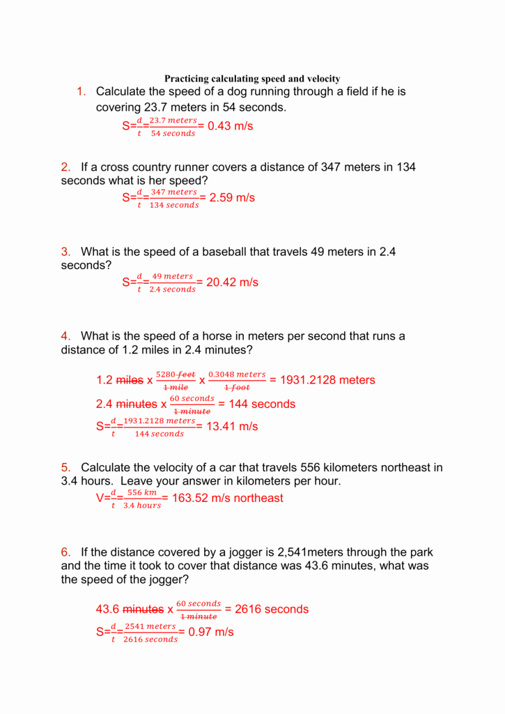 Speed Velocity And Acceleration Worksheet Answers