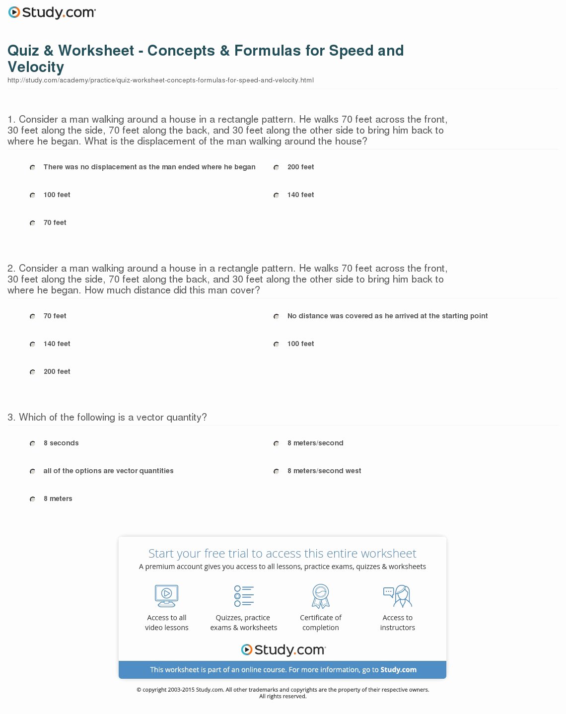Speed and Velocity Worksheet Answers Lovely Quiz & Worksheet Concepts & formulas for Speed and