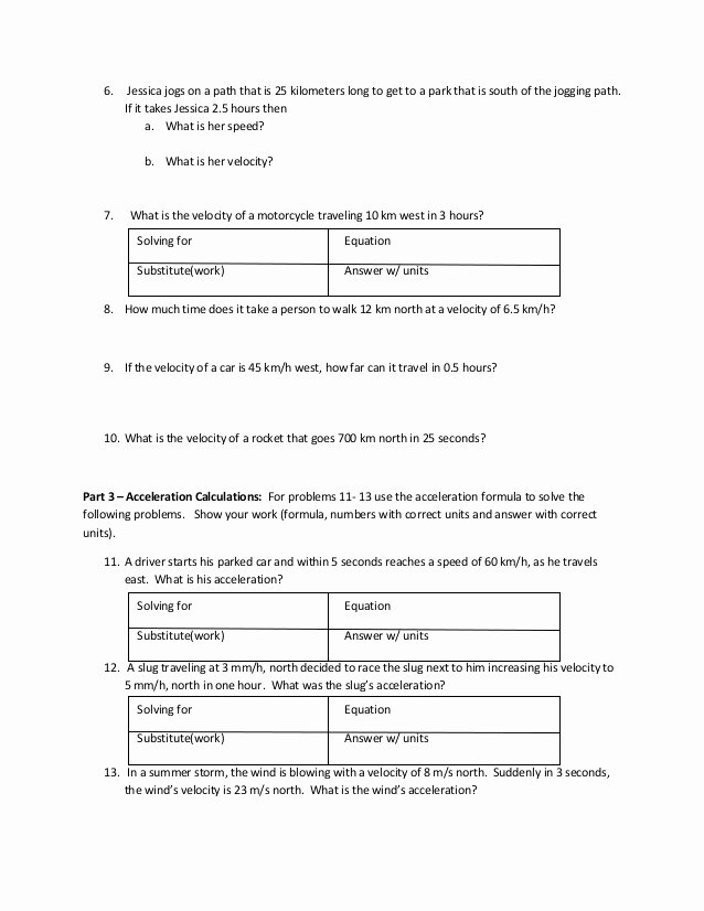 Speed and Velocity Worksheet Answers Luxury Speed Velocity and Acceleration Calculations
