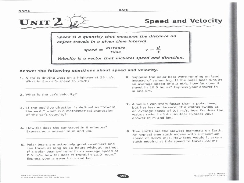 Speed and Velocity Worksheet Answers Luxury Speed Velocity and Acceleration Worksheet Answers Free