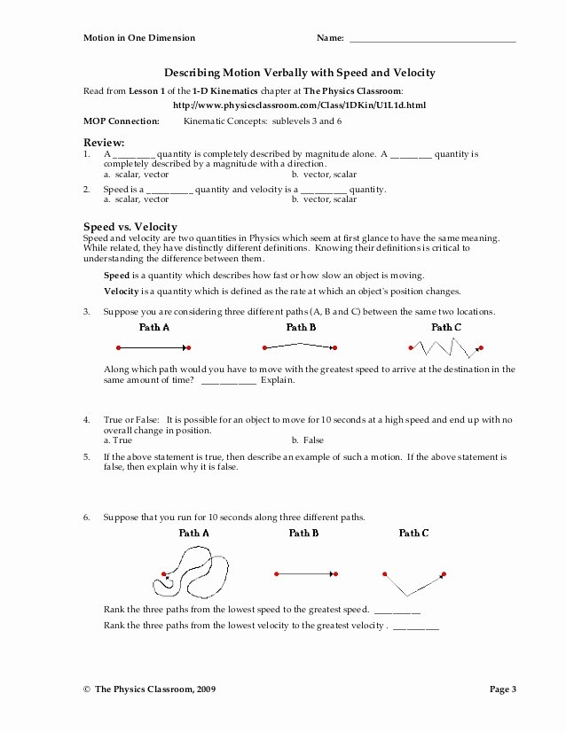 Speed and Velocity Worksheet Answers New 1d Motion Worksheet Packet