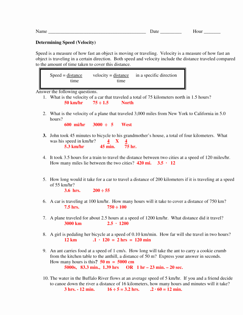 Speed and Velocity Worksheet Answers New Determining Speed Velocity