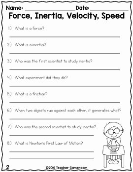 Speed and Velocity Worksheet Answers New force Inertia Velocity and Speed Science Worksheet by