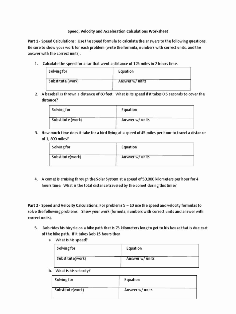 Speed and Velocity Worksheet Lovely Calculating Speed Time Distance and Acceleration Worksheet
