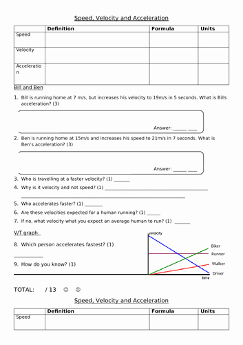 Speed and Velocity Worksheet Luxury Speed Velocity and Acceleration by Jkitchiner Teaching