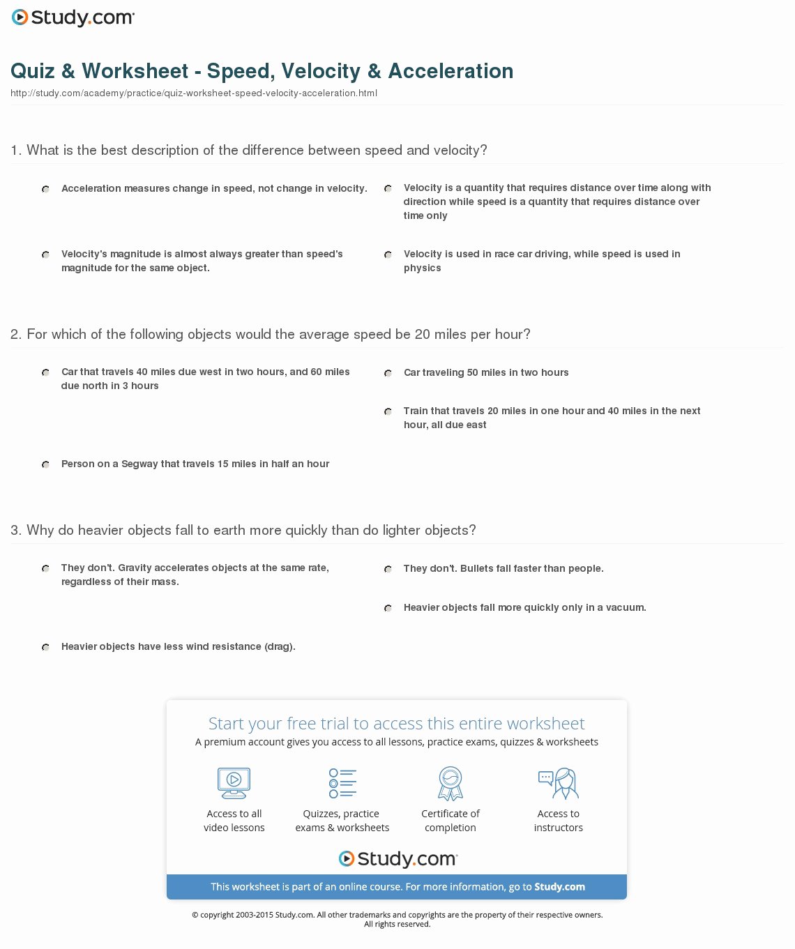 Speed Practice Problems Worksheet Awesome Quiz &amp; Worksheet Speed Velocity &amp; Acceleration