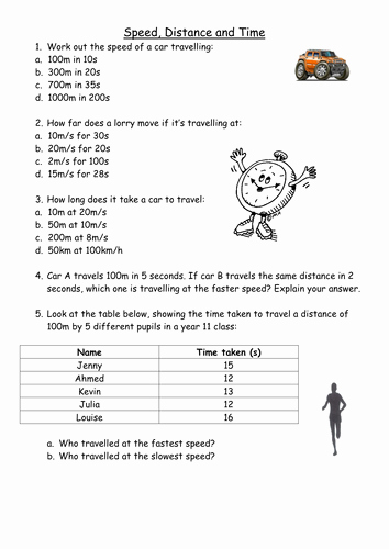 Speed Distance Time Table Worksheet