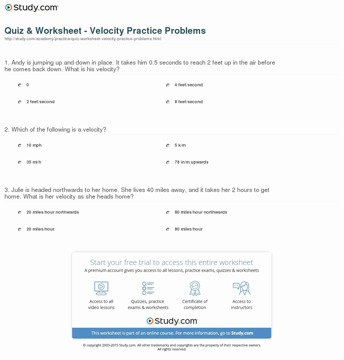 Speed Practice Problems Worksheet