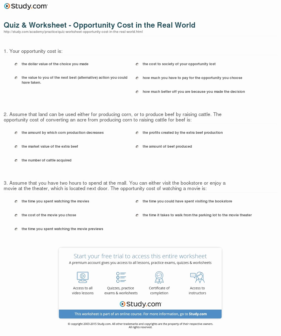 Speed Practice Problems Worksheet New Quiz &amp; Worksheet Opportunity Cost In the Real World
