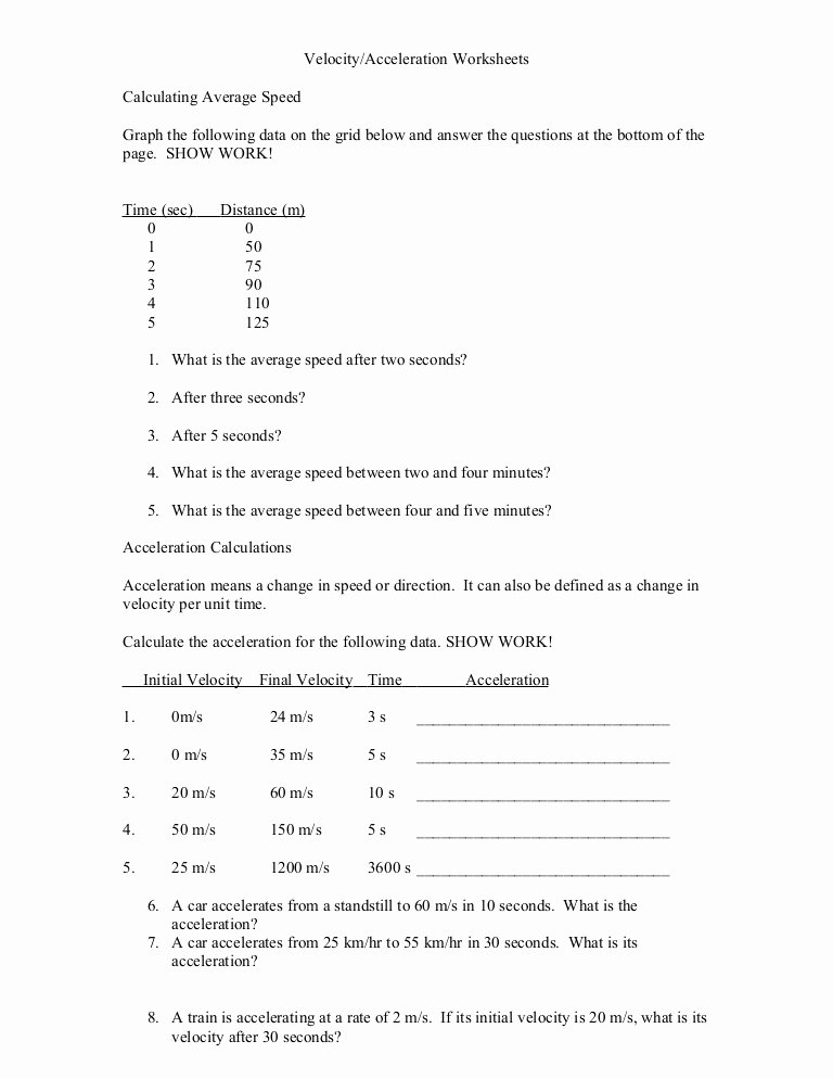 Speed Velocity and Acceleration Worksheet Awesome Velocity Acceleration and Graphs Slip 2