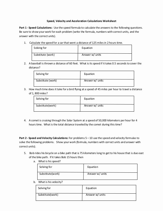 Speed Velocity and Acceleration Worksheet New Speed Velocity and Acceleration Calculations