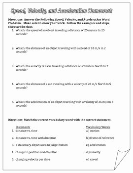 Speed Velocity and Acceleration Worksheet Unique Speed Velocity and Acceleration Homeworl