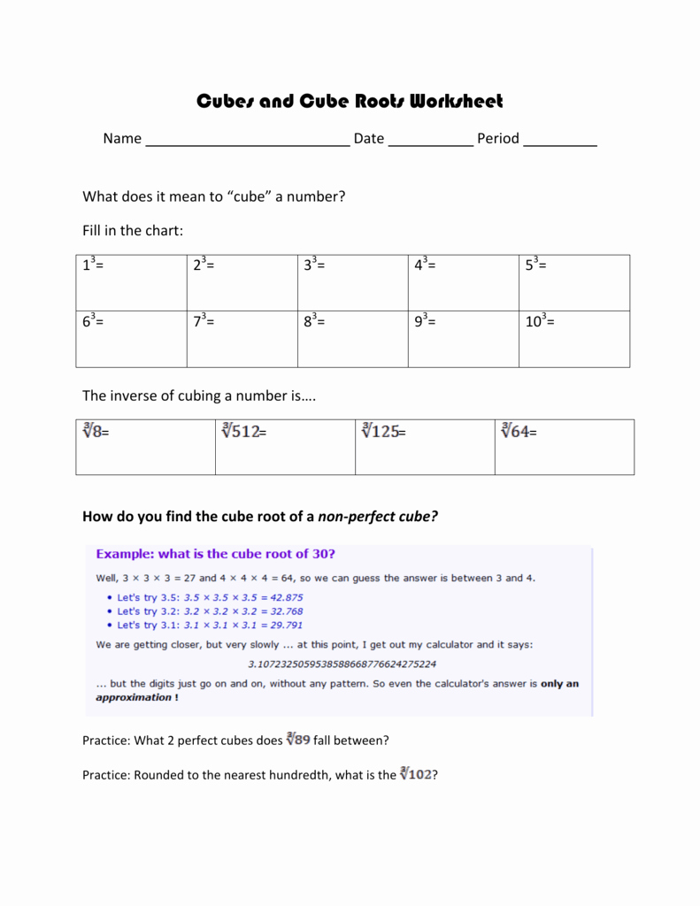 Square and Cube Roots Worksheet Awesome Cubes and Cube Roots Worksheet Math Clix
