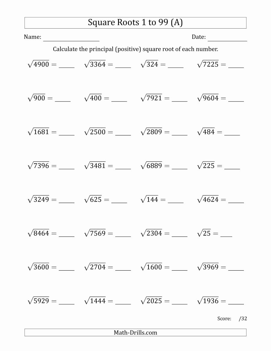 Square and Cube Roots Worksheet Luxury Principal Square Roots 1 to 99 A