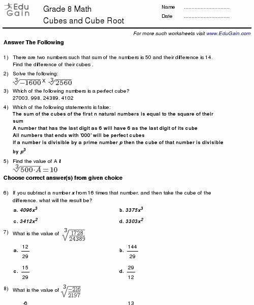 Square and Cube Roots Worksheet New Class 8 Cubes and Cube Root Worksheets