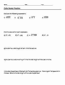 Square and Cube Roots Worksheet Unique Cube Roots Practice Math 8