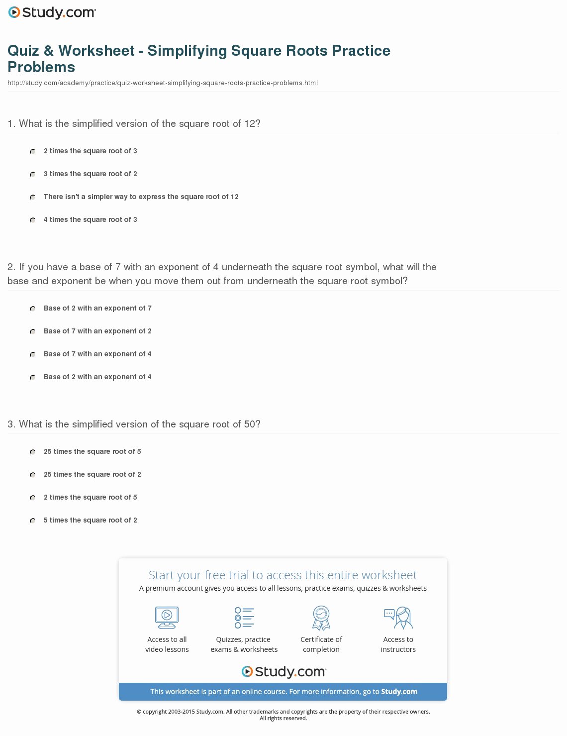 Square Root Practice Worksheet Awesome Quiz &amp; Worksheet Simplifying Square Roots Practice