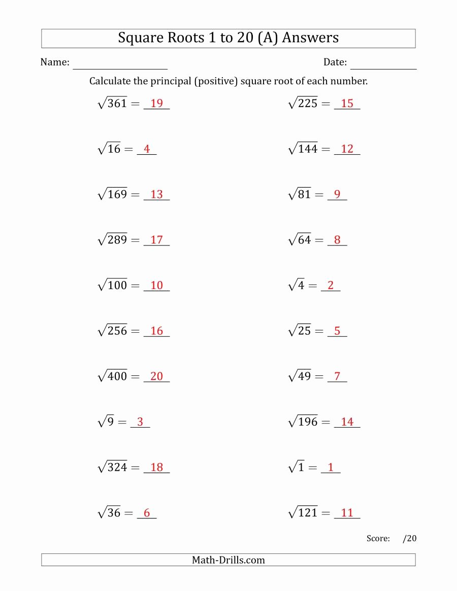 Square Root Practice Worksheet Beautiful Principal Square Roots 1 to 20 A