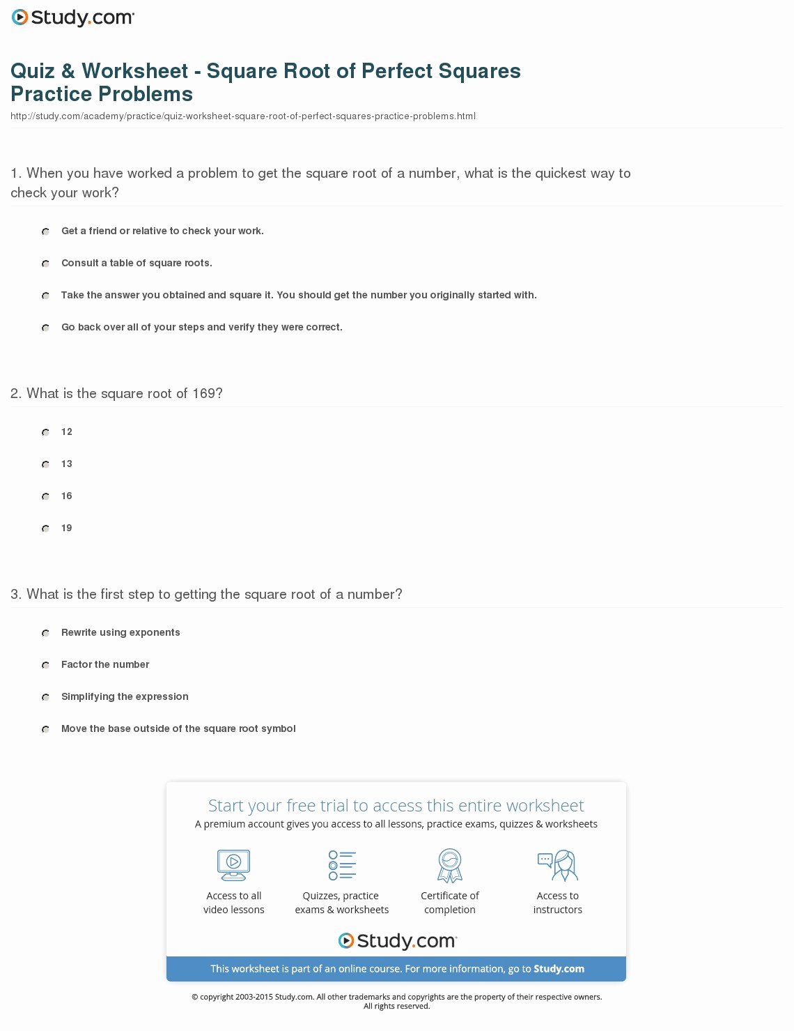 Square Root Practice Worksheet Lovely Quiz &amp; Worksheet Square Root Of Perfect Squares Practice