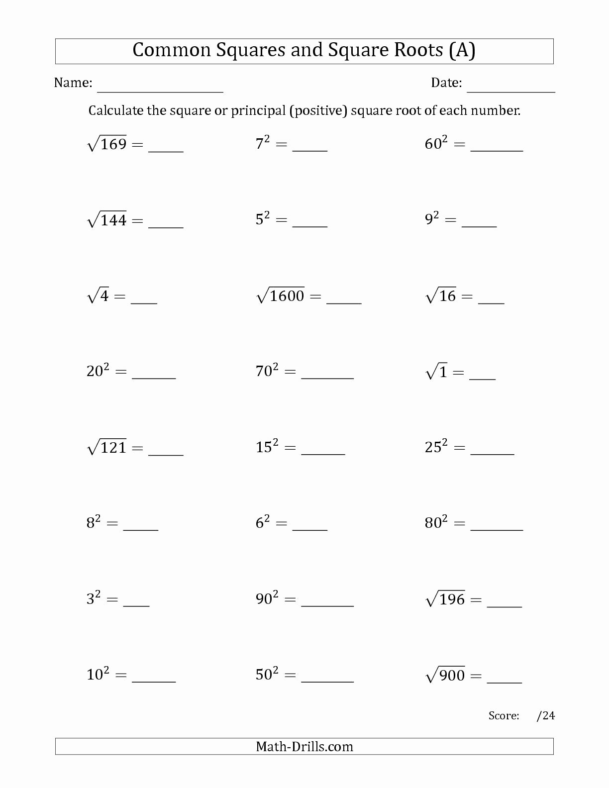 Square Root Practice Worksheet Lovely the Monly Used Squares and Square Roots Mixed Questions