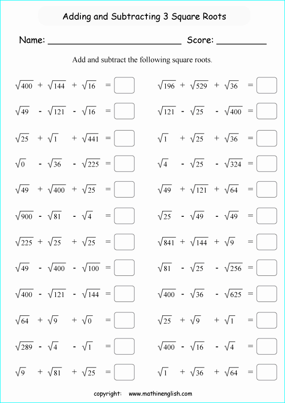 Square Root Practice Worksheet New Add or Subtract 3 Perfect Square Roots Math Worksheet or