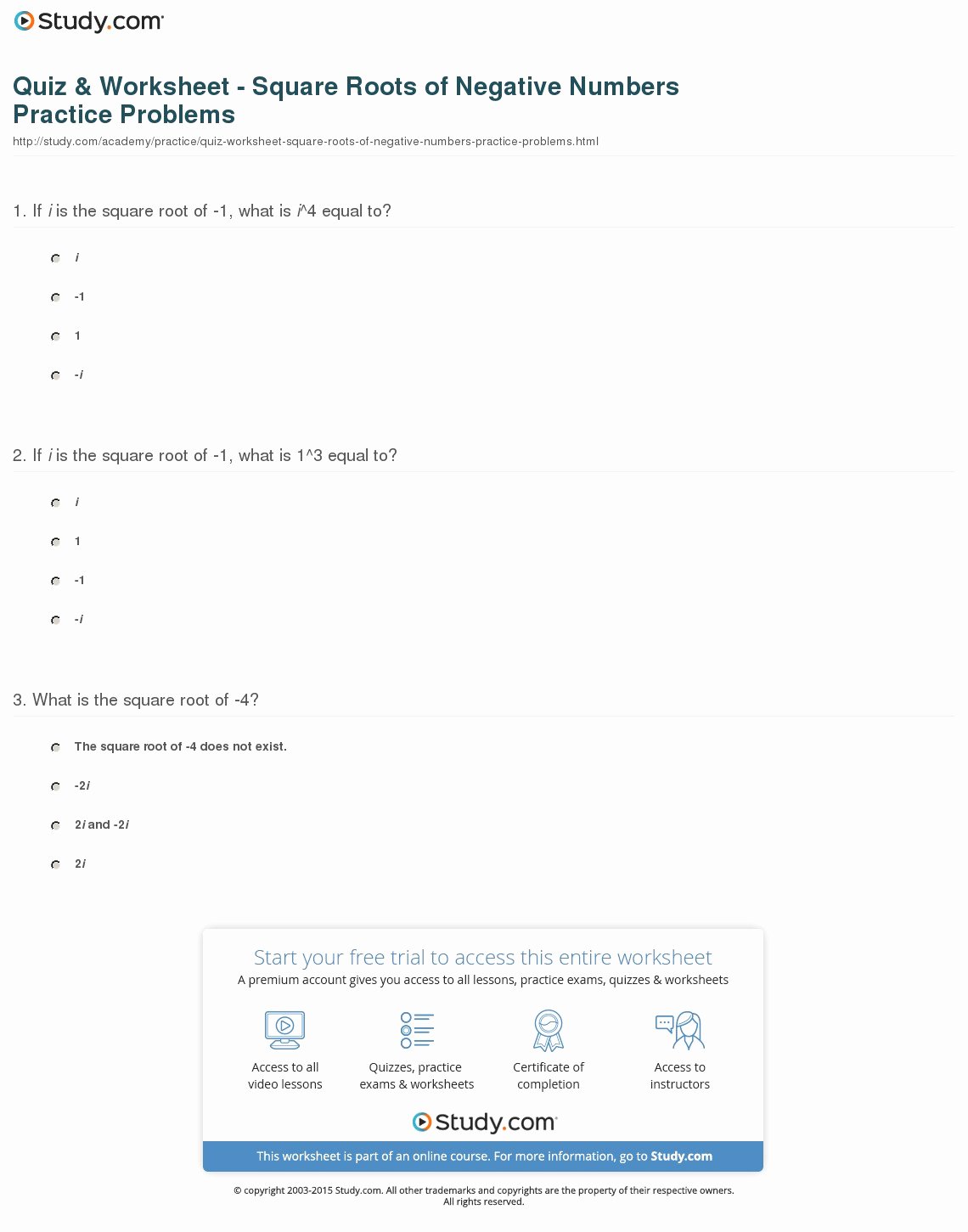 Square Root Practice Worksheet New Quiz &amp; Worksheet Square Roots Of Negative Numbers