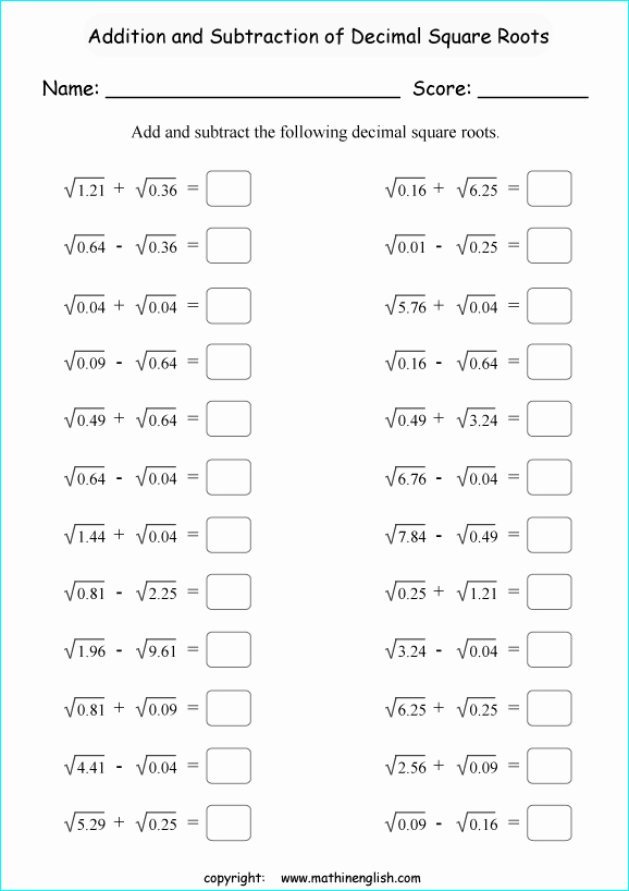 Square Root Practice Worksheet Unique Add or Subtract these Decimal Square Roots Very