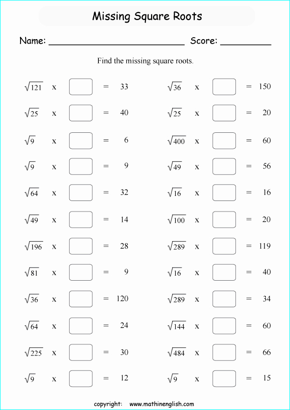Square Root Worksheet Pdf Beautiful Multiply and Find the Missing Square Root Math Worksheet