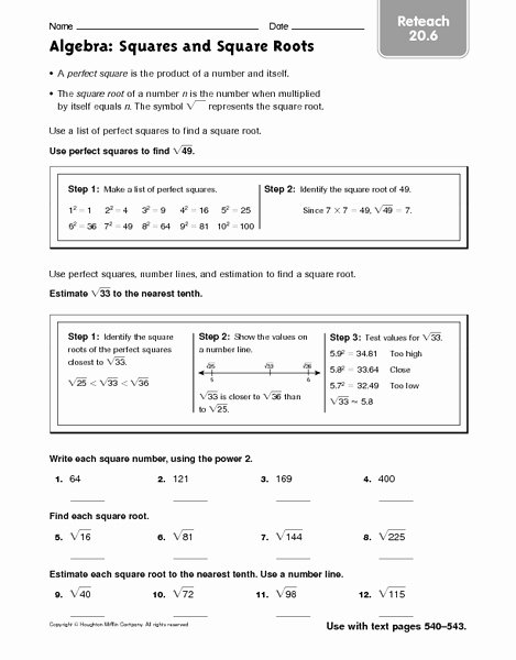 Squares and Square Roots Worksheet Luxury Algebra Squares and Square Roots Reteach Worksheet for