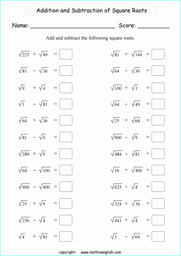 Squares and Square Roots Worksheet New Add or Subtract 2 Perfect Square Roots Math Worksheet or