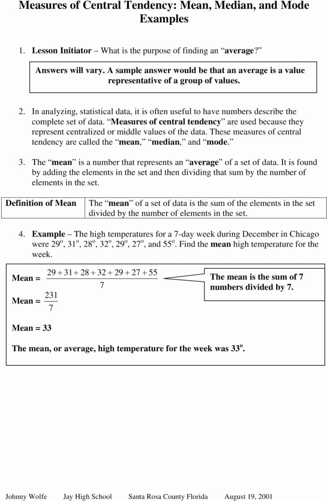 Standard Deviation Worksheet with Answers Fresh Mean Mode Median and Range Worksheet Answers Math