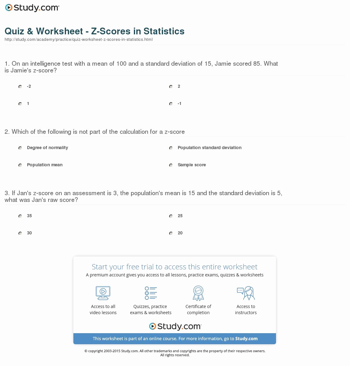 Standard Deviation Worksheet with Answers Lovely Quiz &amp; Worksheet Z Scores In Statistics