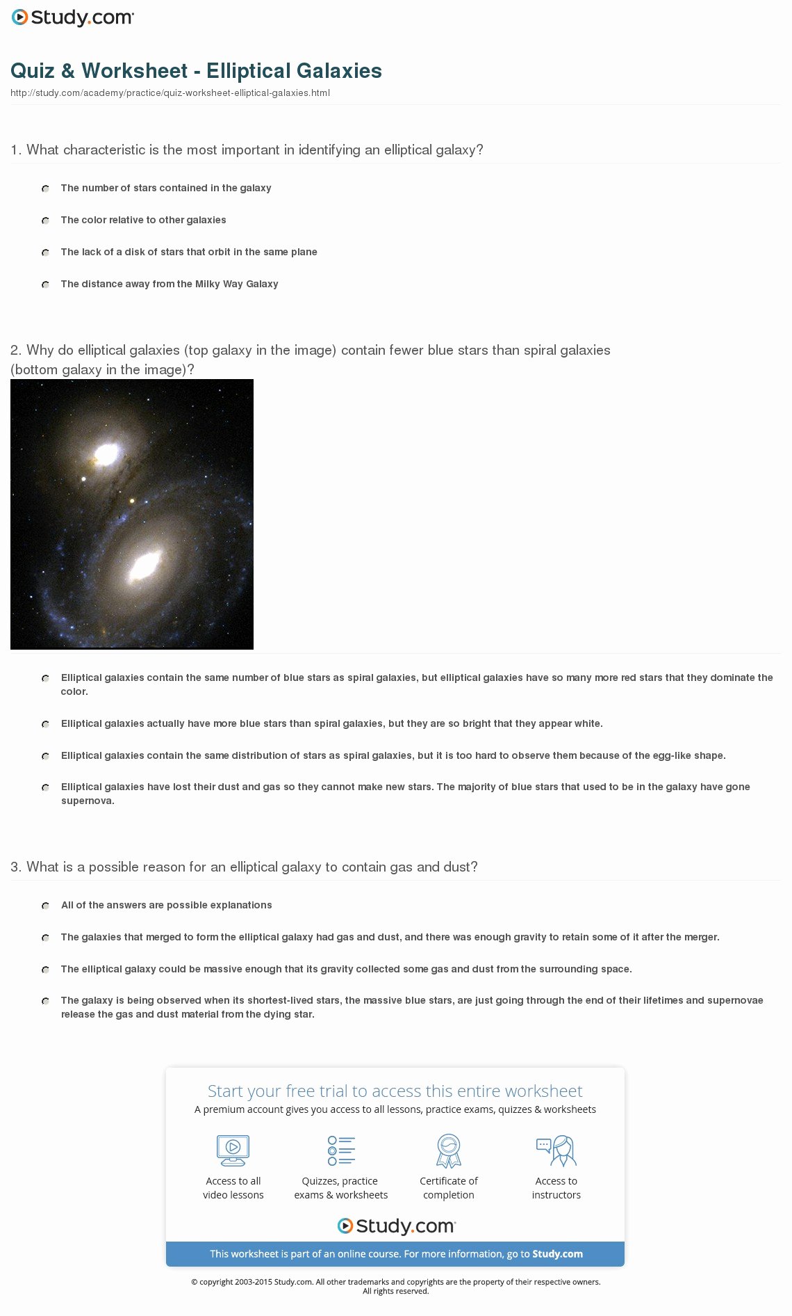 Stars and Galaxies Worksheet Answers Beautiful Quiz &amp; Worksheet Elliptical Galaxies