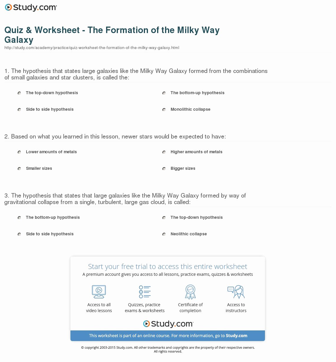 Stars and Galaxies Worksheet Answers Luxury Quiz &amp; Worksheet the formation Of the Milky Way Galaxy