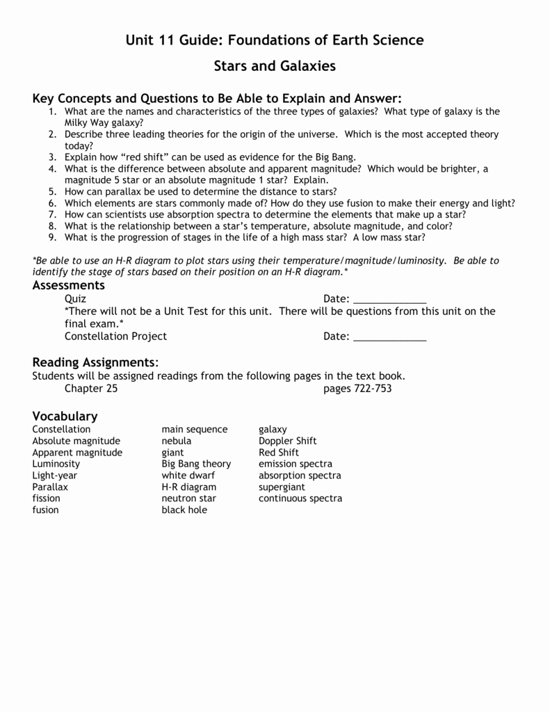 Stars and Galaxies Worksheet Answers Unique Unit 11 Guide Foundations Of Earth Science Stars and
