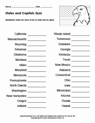 States and Capitals Matching Worksheet Fresh Printable Us States and Capitals Quiz