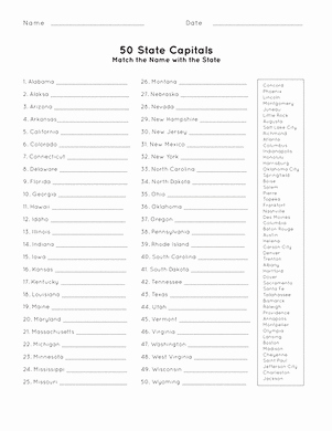 States and Capitals Matching Worksheet Inspirational 50 State Capitals Worksheet