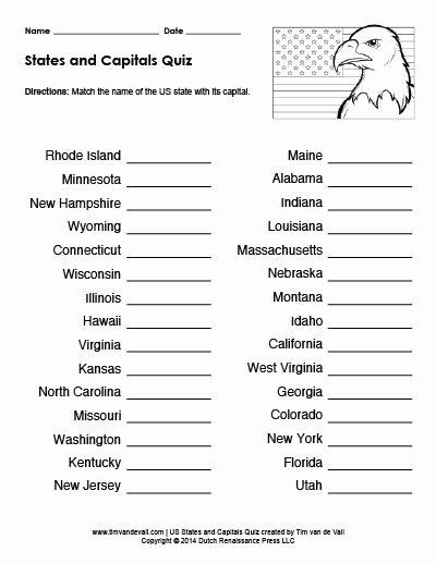 States and Capitals Matching Worksheet Lovely States and Capitals Quiz Geography