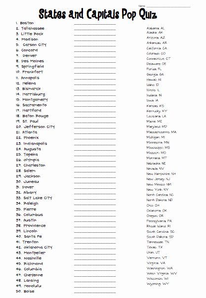 Us States And Capitals Worksheet